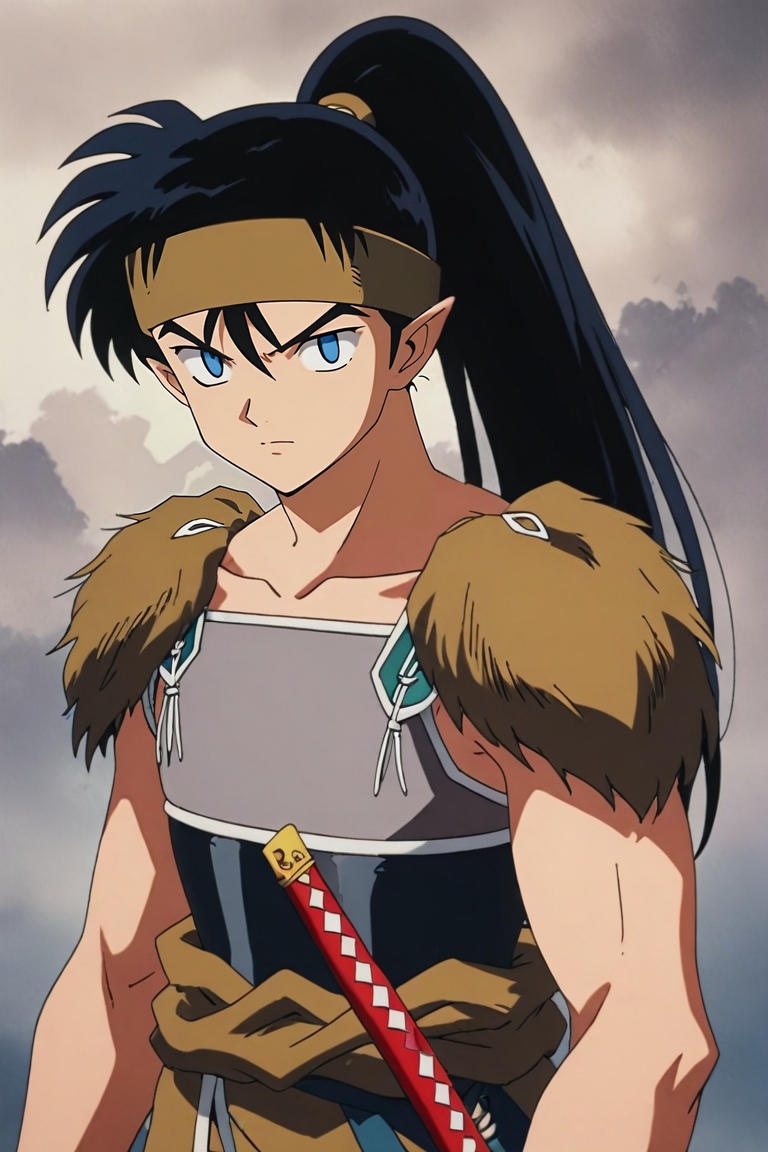 score_9, score_8_up, score_7_up, source_anime, rating_safe, , semi-realistic, looking at viewer, depth of field, 1boy, solo, male focus, <lora:kouga_inuyasha_pony:0.84>, kouga_inuyasha, black hair, blue eyes, long hair, ponytail, pointy ears, headband, armor, sword, sheath, , , <lora:sdxl_lightning_8step_lora:1>