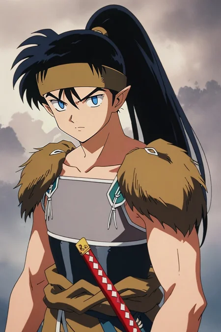 score_9, score_8_up, score_7_up, source_anime, rating_safe, , semi-realistic, looking at viewer, depth of field, 1boy, solo, male focus, <lora:kouga_inuyasha_pony:0.84>, kouga_inuyasha, black hair, blue eyes, long hair, ponytail, pointy ears, headband, armor, sword, sheath, , , <lora:sdxl_lightning_8step_lora:1>