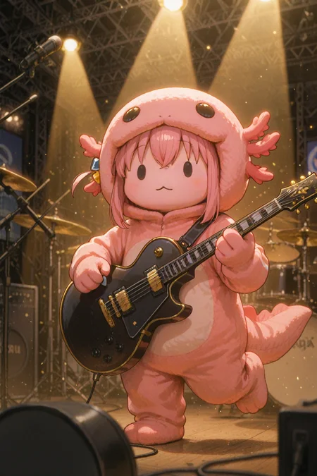 <lora:NoobV065sHyperDmd:1>, depth of field, masterpiece, best quality, newest, absurdres, highres, clean lines, sharp focus,
<lora:axolotl costume_illustrious:0.8> axolotl costume, gotoh hitori, stage, holding instrument, no humans,
gibson les paul, band, drum set, cymbals, indoors, standing, blurry, drum, standing on one leg, spotlight, guitar, plectrum, instrument, stage lights, blurry foreground, electric guitar, holding, microphone stand, playing instrument, holding plectrum, animal costume, music, drumming, microphone,