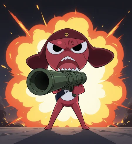 high resolution, best quality, 4k, cel shading, backlighting:1.3, cross-popping vein, solo, open mouth, frustrated, yelling, male, front view, featureless crotch, holding rocket launcher, aiming at viewer, full body, explosion background, <lora:Giroro_-_Keroro_Gunsou:1> giroro, semi-anthro, chibi, keronian, red skin, two tone body, floppy cap, black baldric, black belt, face scar, eye scar, sharp teeth