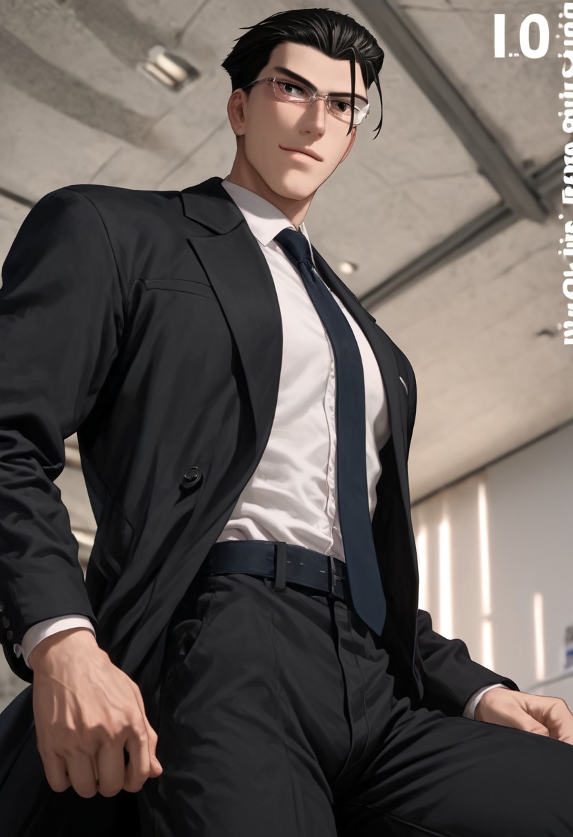 magazine cover, supermodel, score_9, score_8_up, score_7_up, anime, 19 year old , ((1boy, solo)), male focus, slim toned male, Jinguuji, Tsukasa_Jinguuji, Black hair, One strand hair on forehead, black eyes, Pale skin, ((white shirt, tie, black coat tuxedo, black pants, long sleeved, full dressed formal)) ((white glasses)) pensive face, happy, come hither)),  muscular, athletic slim slender body, solo, cinematic color, highly detailed, best quality, best aesthetic, absurdres, refreshing, strong thighs, muscular legs, dynamic angle, 2d (((looking at viewer))) (((panoramic view:1.1))) ((tall)), 
score_9,score_8_up,score_7_up, source_anime, male focus, manly, tall, detailed eyebrow, sharp eyebrows, focus on thigh, bottom view, cowboy shot, from bottom view, tall, jock mature, hung, socks, slender,manly, tall, focus on thigh, (masculine, manly), detailed modern office background, frutiger aero