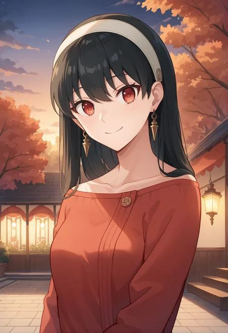 score_9, score_8_up, score_7_up, source_anime, masterpiece, best quality, highly detailed background, cinematic lighting, detailed eyes, detailed pupils, perfect face, Yor Forger, unique outfit, looking at viewer, portrait, cute, smile, park, lanterns, festival, clouds, sunset, dark, warm light,
<lora:Yor_Forger_Pony:0.8>