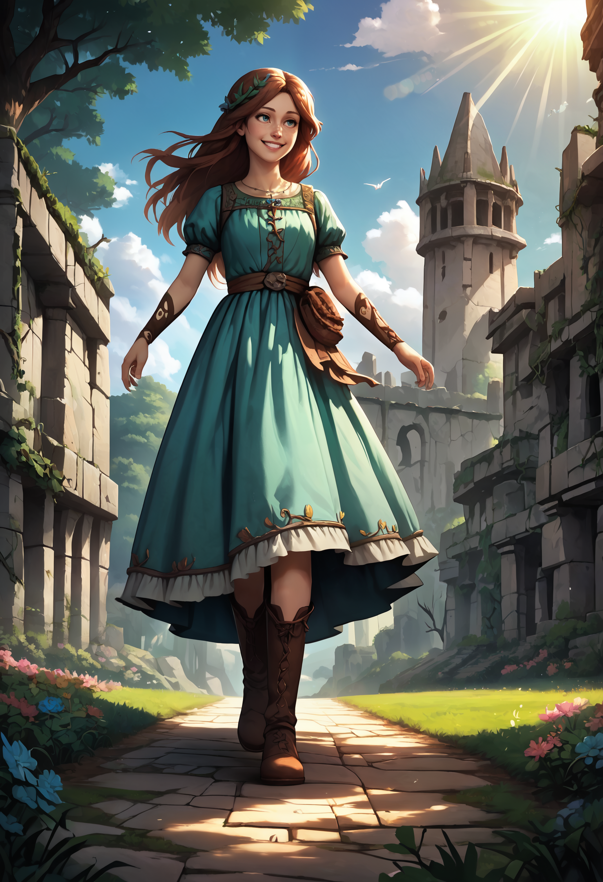 (zPDXL3) feet out of frame, (close-up, portrait:1.3), dappled sunlight, woman, long hair, park, walking, action, smiling, wearing a long teal decorative dress, boots, morning sunlight, stone ruins, archway, cloudy sky, vines, ivy, flowers