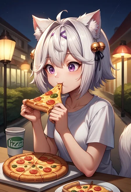 score_9, score_8_up, source_anime, 1girl, solo, Filian, tail, short hair, hairclip, hair bell, t-shirt, eating, table, upper body, pizza, happy, lamp, outdoors, street, lamppost, <lora:ChamFilianPonyXL:1>