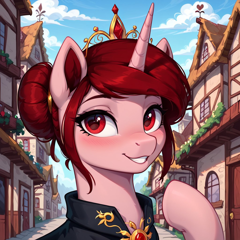 masterpiece, score_9, score_8_up, score_7_up, (best quality:1.1), ultra-detailed, high resolution, solo, Rosa Maledicta, (Queen of Blood), pony, unicorn, feral, female, mare, (((beautiful detailed red eyes))), long eyelashes, eyebrows, fluffy pony ears, horn, pale pink skin, dark red mane, hair bun, black cloak, highly detailed macro illustration, smiling, blushing, mlp, outside, Highly Visible, (((8k))), sharp focus, perfect lighting, anatomically correct, extremely detailed, shine on body, (Pony town), high detail, cute pony face, Expressiveh, detailed background, OverallDetail, zPDXL2,