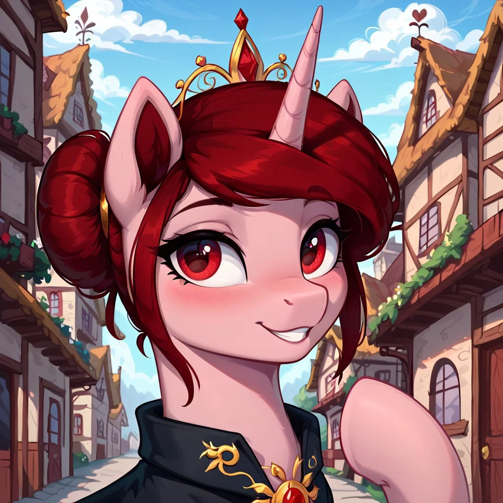 masterpiece, score_9, score_8_up, score_7_up, (best quality:1.1), ultra-detailed, high resolution, solo, Rosa Maledicta, (Queen of Blood), pony, unicorn, feral, female, mare, (((beautiful detailed red eyes))), long eyelashes, eyebrows, fluffy pony ears, horn, pale pink skin, dark red mane, hair bun, black cloak, highly detailed macro illustration, smiling, blushing, mlp, outside, Highly Visible, (((8k))), sharp focus, perfect lighting, anatomically correct, extremely detailed, shine on body, (Pony town), high detail, cute pony face, Expressiveh, detailed background, OverallDetail, zPDXL2,