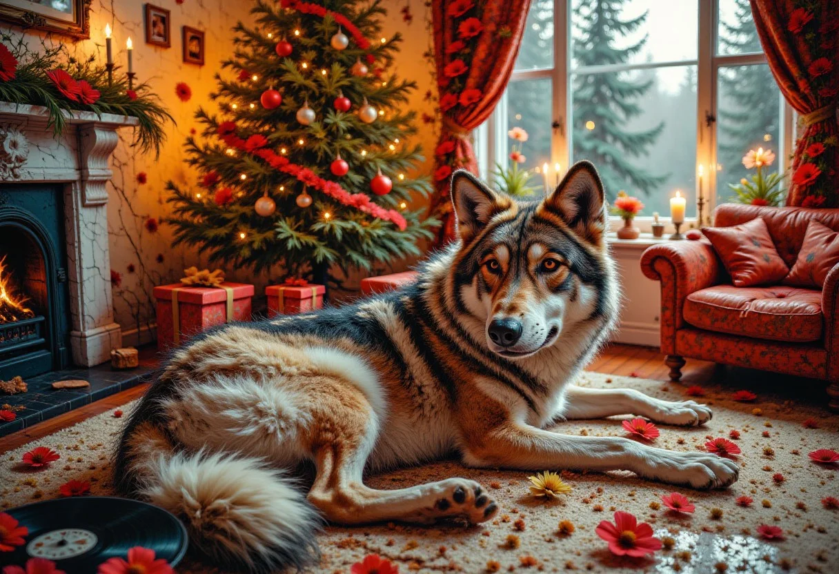 blue winter wolf laying down in christmas living room