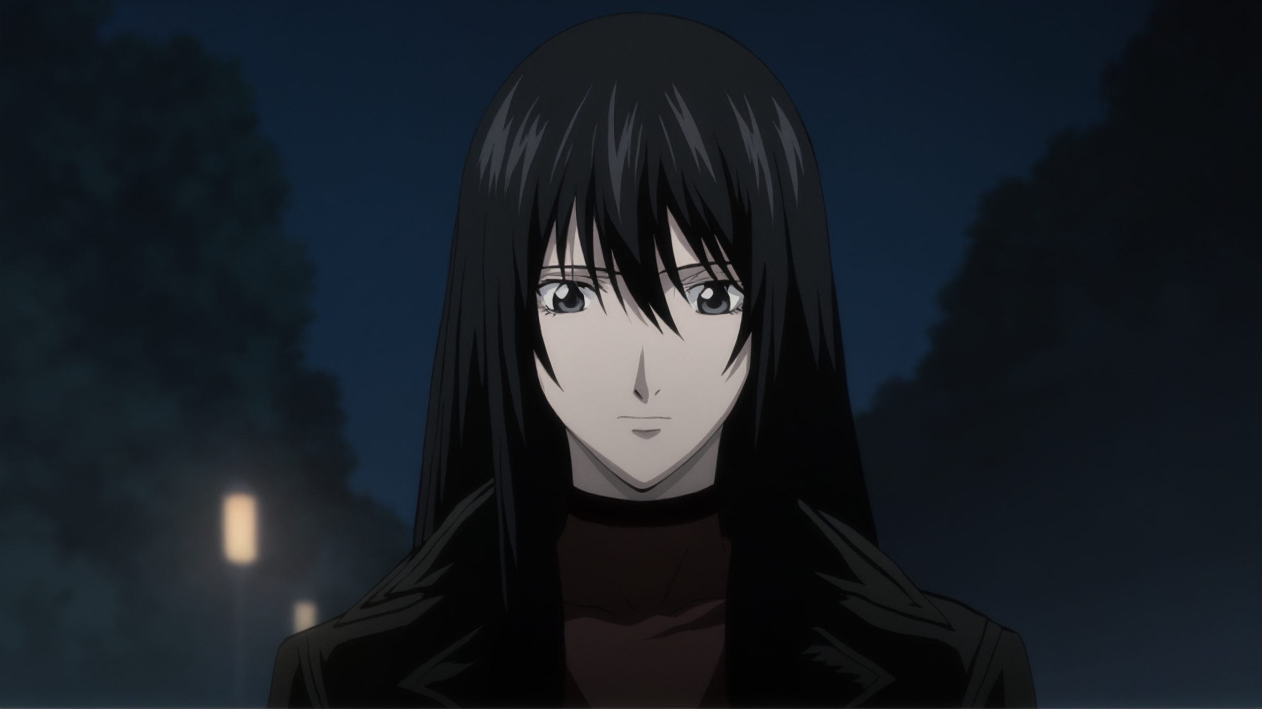 death_note_style, anime screencap, anime coloring, masterpiece, best quality,amazing quality, cinematic lighting, facing viewer, naomi misora, 1girl, black hair, long hair, grey eyes,  black coat, outdoors, night <lora:death_note_style:1>