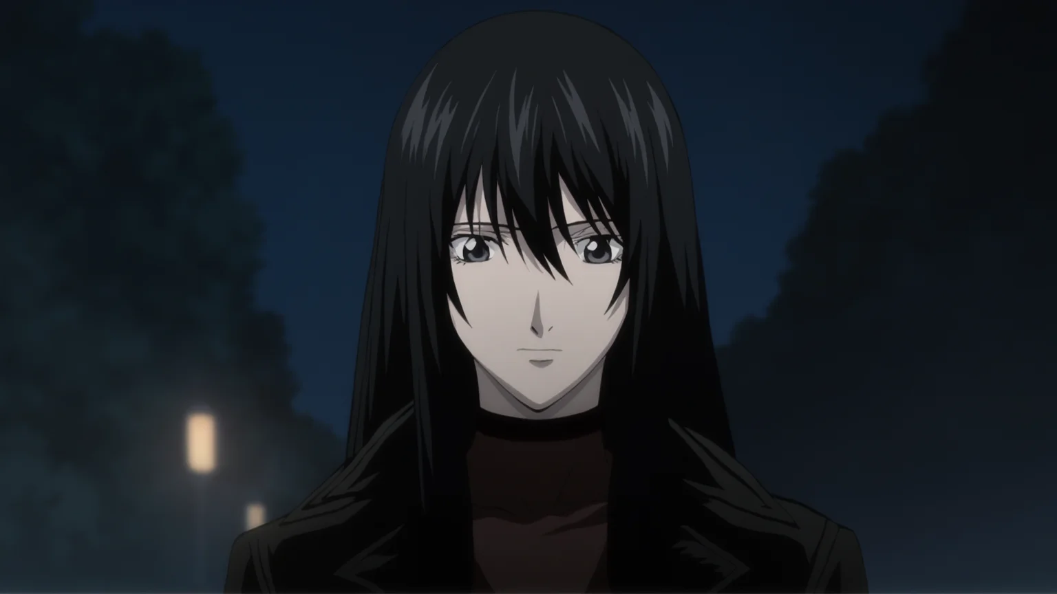 death_note_style, anime screencap, anime coloring, masterpiece, best quality,amazing quality, cinematic lighting, facing viewer, naomi misora, 1girl, black hair, long hair, grey eyes, black coat, outdoors, night <lora:death_note_style:1>
