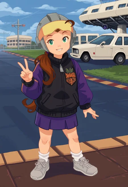 score_8, score_8_up, score_7_up, source_cartoon, 1girl, female focus, solo, Sal_MRM, brown hair, single bang, low ponytail, ponytail holder, green eyes,helmet, grey helmet, yellow visor, raised visor, letterman jacket, black jacket, purple sleeves, long sleeves, print jacket, purple skirt, white socks, ankle socks, full body, V, smile, runway, outdoors, airport, standing, sneakers, grey footwear,