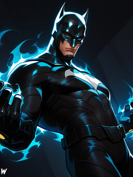 highres, hi res, best quality, masterpiece, intricate details, absurdres, 4k,, semi realistic, cartoon,
1boy, batman \(series\), black bodysuit, black theme,, aura,, looking at viewer, dynamic pose, fighting stance, cowboy shot, multicolored background, dutch angle, 
, MarvelRivals, <lora:AMarvelRivals_style-06:1>
