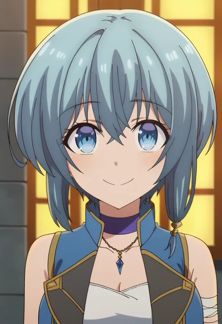 <lora:Narusena:0.9> Narusena, 1girl, solo, blue eyes, blue hair,short hair, choker, jewelry, breasts, hair between eyes, sidelocks, bare shoulders, vest , tube top, looking at viewer, smile , upper body, score_9, score_7_up,anime coloring ,source_anime, anime, anime screencap