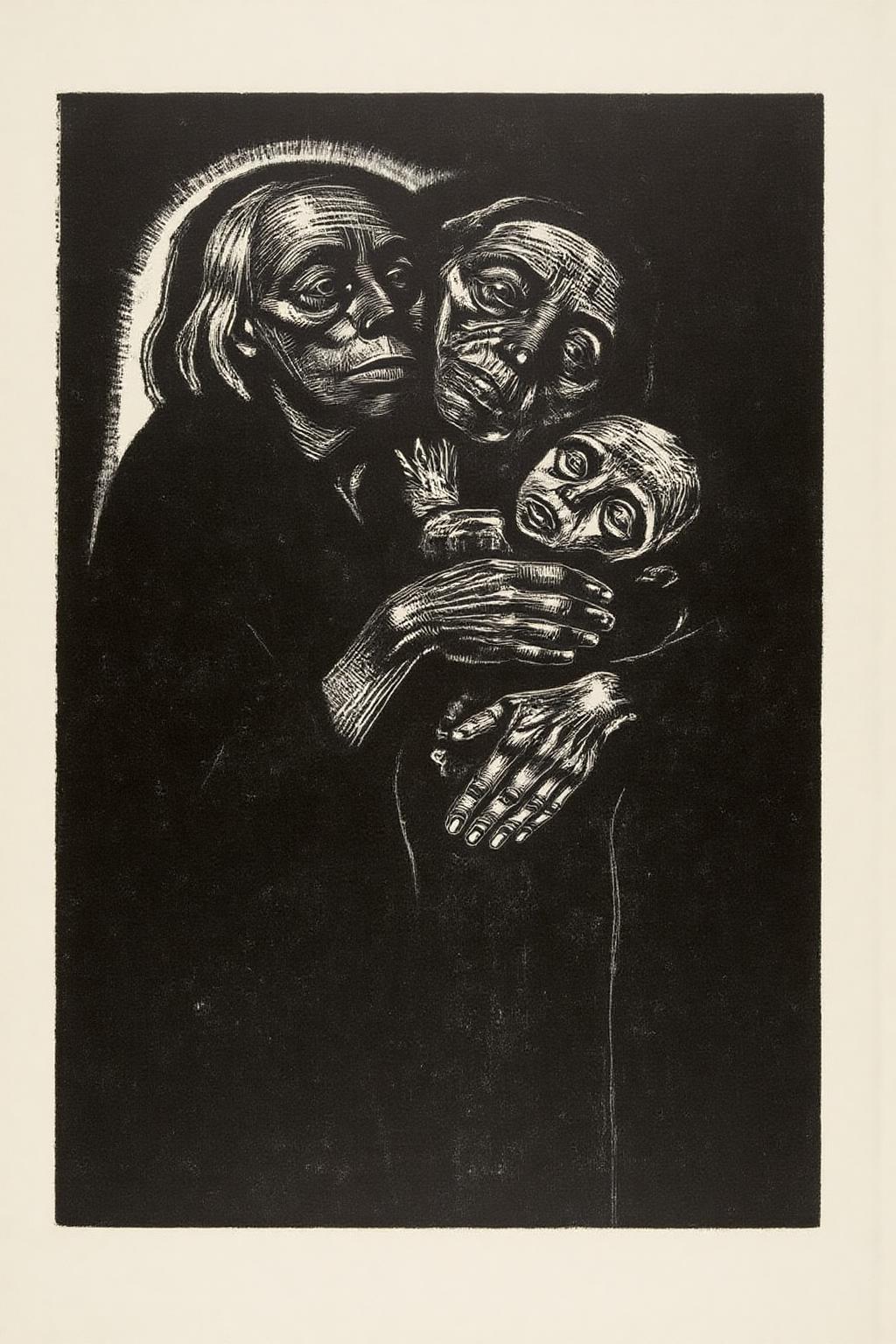kako1 black and white woodcut print. 
The artwork depicts a elderly woman and child in a stylized, almost abstract manner. The elderly woman, rendered with exaggerated, elongated features, has a gaunt, almost skeletal appearance. She is holding a baby, who is depicted with a serene, almost expressionless face. <lora:kako3_woodcut_cap_d6a3e11:1.0><lora:817642420595460525:0>