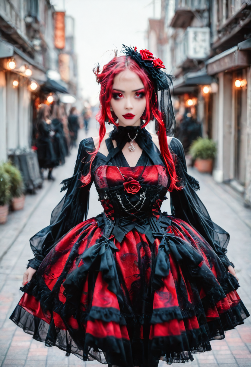 <lora:Illustrious_Realistic_Fashion_Collection_-_Gothic_Lita:1> girl wearing a gothic fashion dress, on the street, black and red dress with roses, subsurface scathering, depth of field, skin pores, detailed skin, masterpiece, best quality, newest, absurdres, highres, feeling, impact, very awa, dim lighting, sidelighting, skindentation, amazing quality, scenery, very aesthetic, newest, volumetric lighting, blending, <lora:add-detail-xl:1> <lora:cfg_scale_boost:1> <lora:sdxl_enhance:1> <lora:spo_sdxl_10ep_4k-data_lora_webui:1>