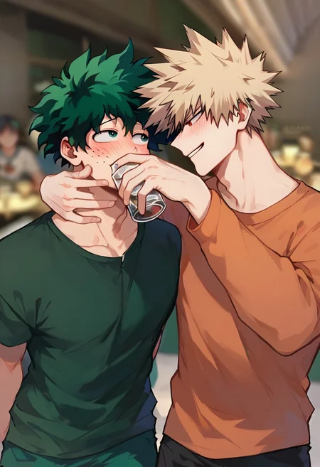 score_9, score_8_up, score_7_up, score_6_up, masterpiece, best quality, amazing quality, best aesthetic, absurdres, intricate details,d_cup, looking at another, holding cup, DRINKING GLASS, drinking, drunk, blush, blurry background, smile,katsuki bakugo,spiked hair,blond hair, BREAK, green hair,izuku midoriya,freeckles