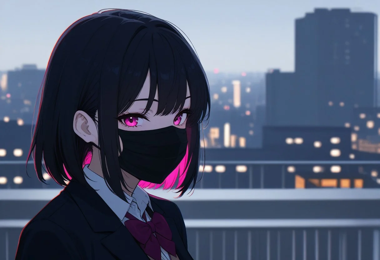 1girl, city center, Smooth_Quality, school uniform, vivid colors, face mask