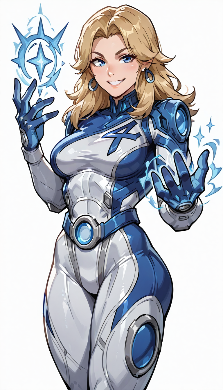 inviswoman1x, smiling, blue magic from hands, white background <lora:Susan_Storm_ILL:1>
