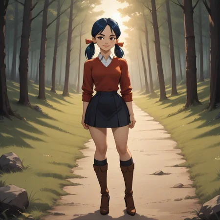 score_9, score_8, BREAK, solo, red sweater, 1girl, collared shirt, black skirt, knee socks, high heel boots, navy blue hair, black eyes, lips, twintails, breasts, total drama, Kitty_(Total_Drama), tdtrr, cute, sexy pose, smile, outdoors, sunlight, shadows, evening lighting, natural lighting, forest, trees, grass, orange sky, sunset