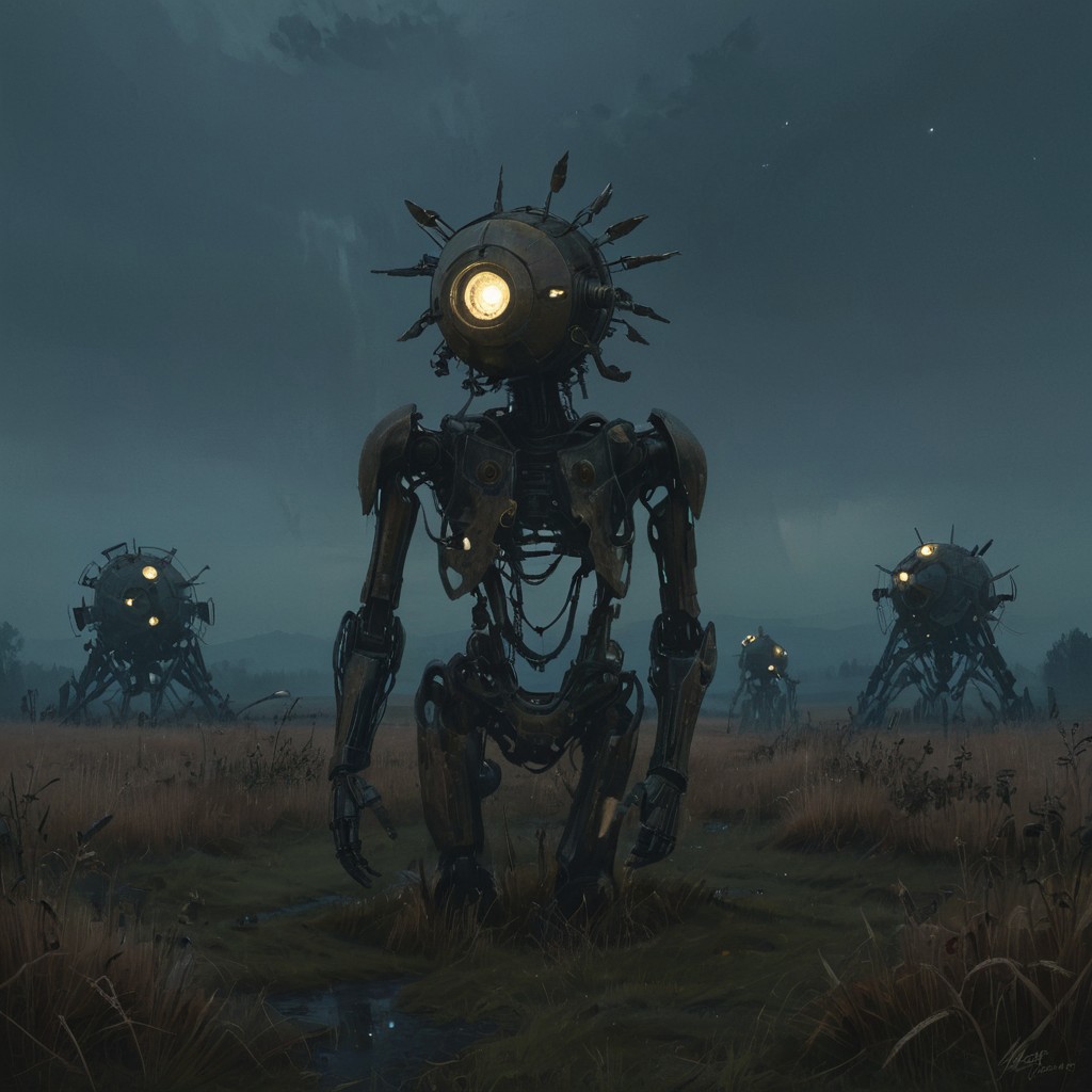 a painting that captures the essence of a poem: 
(Fields where machine souls rust under the light of a dying star, 
Veni, vidi, vici; 
When heaviest is the crown of the ghost of a god, none dare come out to play; 
Use caution when dealing with the fallible tenets of the aegis rimwalkers; 
Cyborg religious sects turned loose with the coming of the new dawn; 
I offer this advice in earnest, for soon we shall see many a truth uncovered; 
Do not despair my voidwalker, for what happens in the dark is destined to come to light, now and forever more...), 
Andrei Tarkovsky Style page,detailxl,in the style of simon-stalenhag,