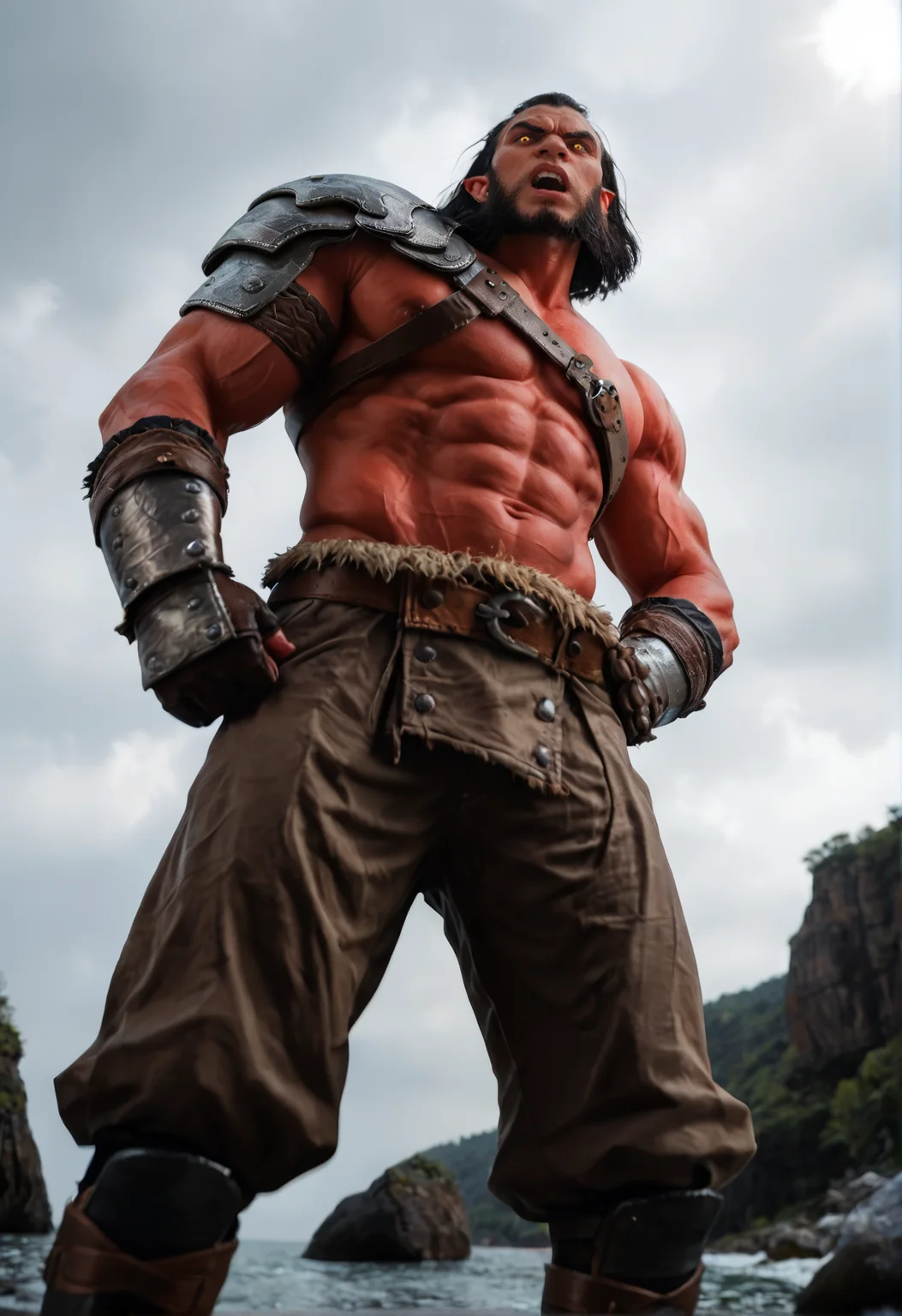 <lora:axe_v4:0.8> axe_v4
1boy,
colored skin, red skin,
black hair,
facial hair, beard,
muscular, muscular male,pectorals,
yellow eyes,
pointy ears,
bare top, shoulder armor, boots, gloves,, score_9, score_8_up, score_7_up, score_6_up, derpibooru_p_95,
detailed eyes, beautiful, detailed background, perfect eyes,
blur censor, blurry, blurry background, blurry foreground, bokeh, motion blur,
chromatic aberration, depth of field, figure, focused, focus
photography, realistic sun light and shadows, photorealism, UHD --ar 9:16 --style raw --stylize 700,
solo,
Canyon of the Beshenka River, Viking boat, standing, legs apart, from below, perspective, pov, looking down at viewer, hands on hips, (annoyed:1.5), open mouth, teeth,