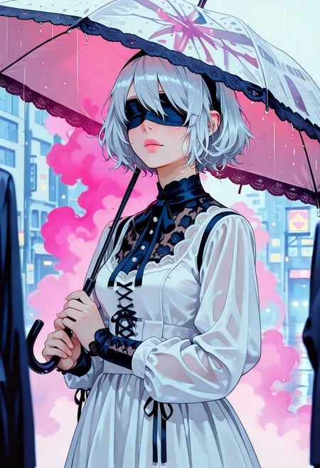 painterly, brush strokes, white theme, lace ribbons dress, blue waterdroplets all over, masterpiece, best quality, very aesthetic, absurdres, safe, masterpiece, best quality, good quality, very aesthetic, absurdres, newest, 8K, depth of field, focused subject, in the style of cknc, 1girl, 2B,(blind fold is made of red smoke wtih golden runes)(smoky vapour blindfold), close-up shot, standing in the rain, holding a transparent white umbrella, raindrops glistening on its surface, her blindfold slightly damp, silver hair sticking to her face,  melancholic yet serene atmosphere, ultra-detailed, cinematic lighting.front view, beautiful city park background,