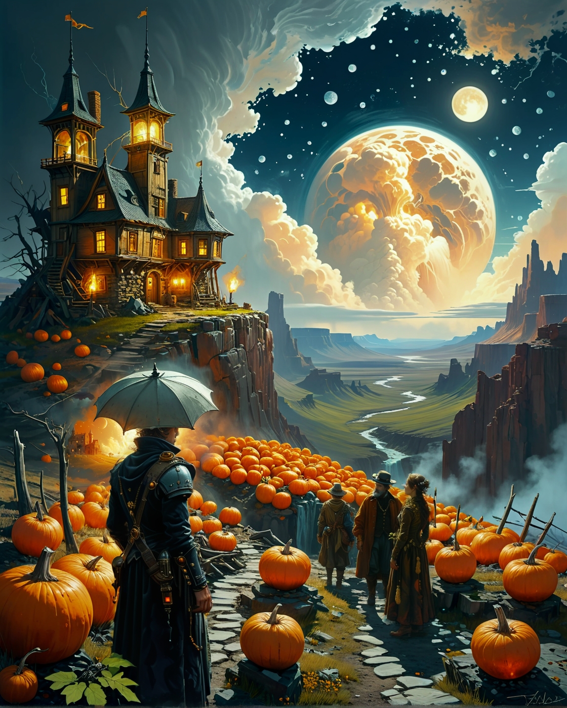 fantasy landscape, random group of travelers in landcscape,
Harvest moon pumpkin riots in sentient vineyard AI in Clockwork eclipse mechanism with light refraction prisms under Cumulus congestus flammagenitus with ash geyser plumes,
Rainy and foggy Weather,
Astronomical twilight starscapes,
Starlight through ancient ruins,
quantum fern garden encoding multiverse data,
<lora:extremely_detailed:0.7> extremely detailed,
<lora:add-detail-xl:0.4>,
 <lora:dreamshaperXL10_lora:0.35>
<lora:Illustration_Insanity:0.7>,
<lora:tbh129-sdxl:0.3> style of Michael Cheval,
<lora:tbh330-sdxl:0.3> style of James C. Christensen,
 detailxl,
 advntr,