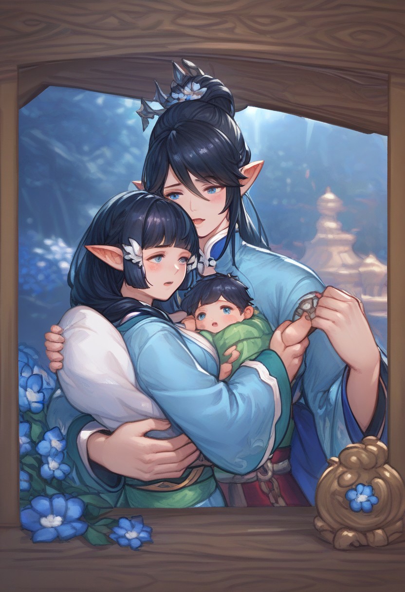 Prompt: score_9, score_8, score_7, 1girl, baby, baby carry, blanket, 
carrying, commentary request, holding person, looking at another, mother and son, open mouth, original, elf ,pointy ears, blue eyes and long black hair, couplelunia, blue kimono, long black hair mother, wide long sleeves blue kimono, white sock, green obi, himecut, hime cut, blush, black hair wife, blue eyes, close up shot, upper body, blue flower hairpin,
