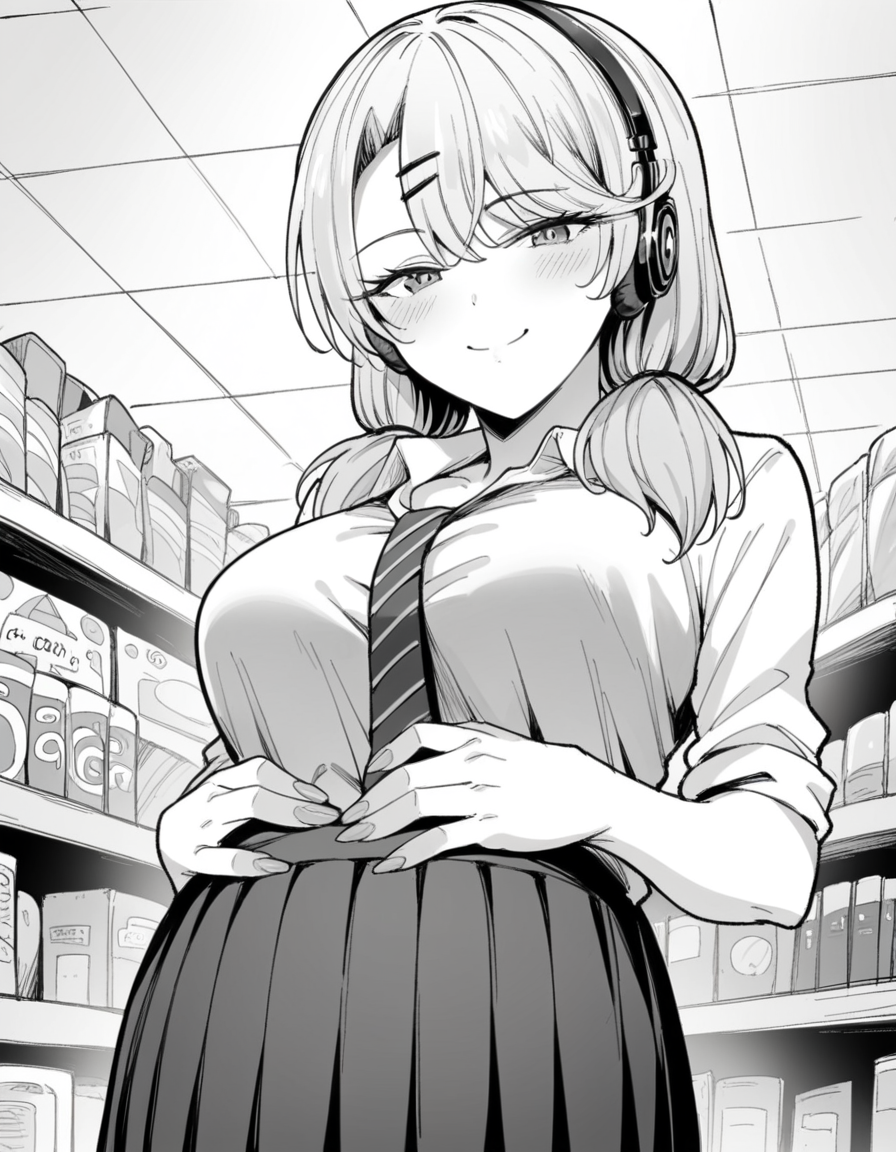 score_9, score_8_up, score_7_up, source_anime, <lora:ria-nishizono-manga-ponyxl-lora-nochekaiser:1>, ria nishizono, monochrome, greyscale, twintails, hair ornament, large breasts, hairclip, low twintails, long hair,, skirt, necktie, school uniform, pleated skirt, cleavage, shirt, miniskirt, music store, browsing records, headphones, vinyl collection, nostalgic, smile, looking at viewer, hands on stomach, blush,, solo,, cowboy shot, dutch angle