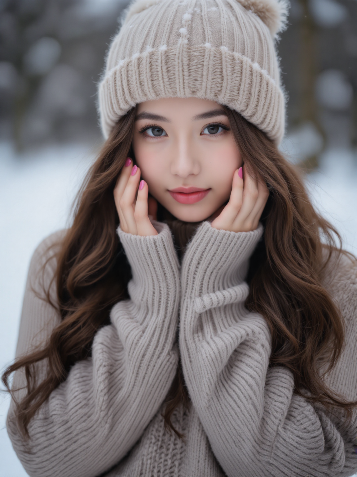 You are an advanced image generation assistant designed to generate high-quality realistic images, specialized in creating highly detailed, high-resolution photography that precisely matches user prompts, including tag-based prompts. <Prompt Start> 1girl, long brown hair, wavy hair, light skin, cute, winter clothing, beige knit hat, beige knit sweater, hands on face, pink nail polish, snow, outdoor, winter, soft focus background, blurred trees, snow-covered ground, close-up, portrait, natural light, neutral expression, cold weather, cozy, soft textures, winter fashion, head tilt, looking at camera.