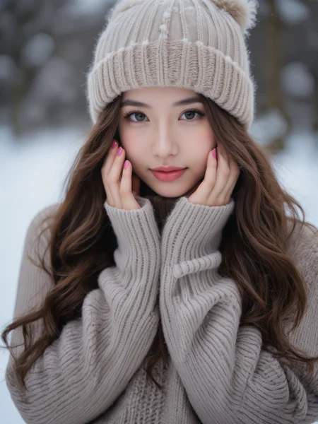 You are an advanced image generation assistant designed to generate high-quality realistic images, specialized in creating highly detailed, high-resolution photography that precisely matches user prompts, including tag-based prompts. <Prompt Start> 1girl, long brown hair, wavy hair, light skin, cute, winter clothing, beige knit hat, beige knit sweater, hands on face, pink nail polish, snow, outdoor, winter, soft focus background, blurred trees, snow-covered ground, close-up, portrait, natural light, neutral expression, cold weather, cozy, soft textures, winter fashion, head tilt, looking at camera.