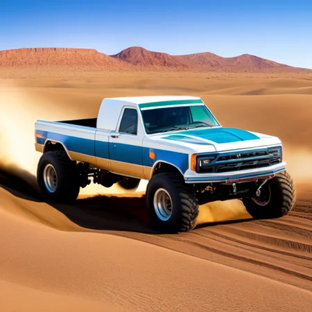 photo (truckplans:1) a large monster truck driving through a desert area <lora:djzTruckPlans_LoraBooth:1>