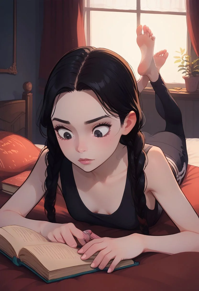 score_9, score_8_up, score_7_up, score_6_up, score_5_up, score_4_up, 1girl, Wednesday addams \(The addams family\),(ultra HD quality details), hair in two ponytails, black hair, raven black eyes, beautiful face, pale skin, beautiful face, cute 18 year old girl, kawaii girl, skinny, petite body, perfect cute face, narrow hips, thin thighs, small breasts, teardrop_breasts, small tight ass, pale skin, feet, lounge shorts, loose tank top,
BREAK
Lying in bed, on stomach, reading a book, concentrating, in bedroom, stacks of textbooks, looking down
BREAK