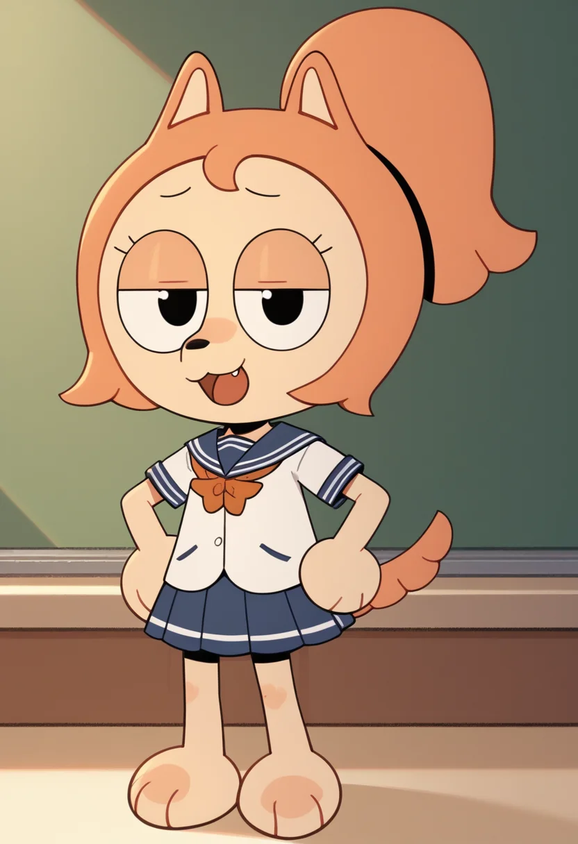 <lora:lala_kunshikter:1> score_9, score_8_up, score_7_up, BREAK, lala_kunshikter, dog girl, 1girl, furry female, animal ears, dog tail, black eyes, barefoot, ponytail, looking at viewer, open mouth, half-closed eyes, hands on own hips, sitting, full body, school uniform