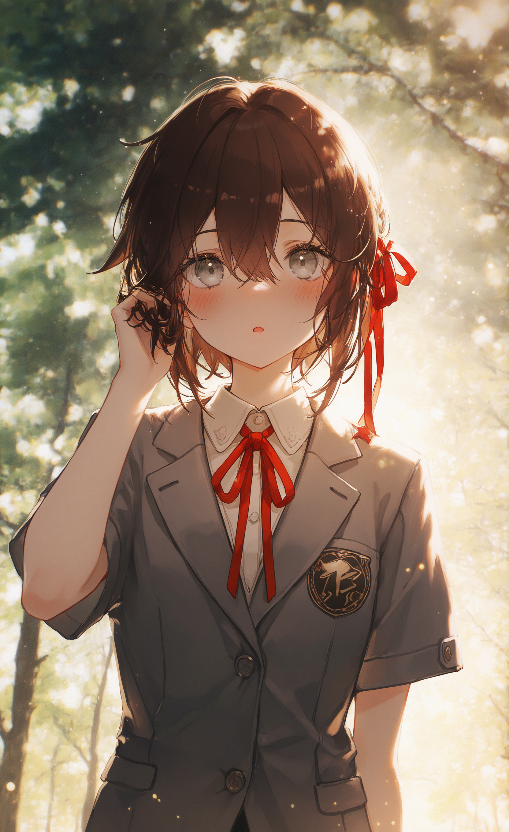 masterpiece, best quality, good quality, very awa, very aesthetic, absurdres, newest, 1girl, :o, arm at side, backlighting, blush, brown hair, buttons, grey eyes, grey jacket, hair between eyes, hair ribbon, hand in own hair, jacket, light particles, looking at viewer, neck ribbon, open mouth, outdoors, red ribbon, ribbon, short hair, short sleeves, solo, straight-on, tree, upper body, 96yottea, <lora:noobai_vpred_1_masterpieces_v1:0.8> <lora:USNR_STYLE_XL_lokr:0.45> <lora:WSSKX_WAI:0.8>