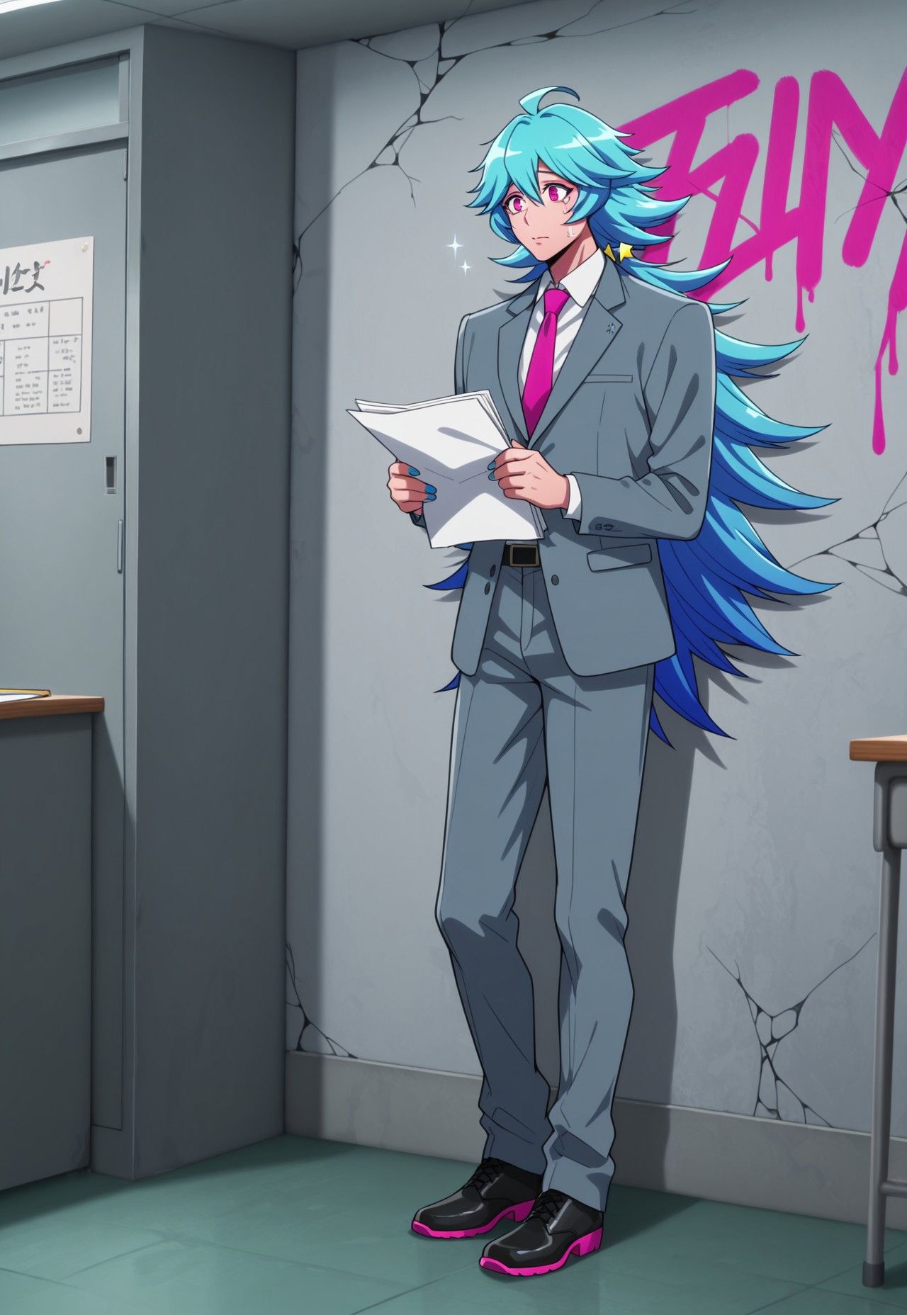 masterpiece, best quality, amazing quality, very aesthetic, absurdres, dynamic angle, ultra-detailed, highly detailed, cinematic lighting, realistic shading, BREAK
indoors, classroom, graffiti, cracked wall, standing, holding paper, nervous, full body, sweatdrop, BREAK
NBSSSeitarou, 1boy, ahoge, blue hair, long hair, spiked hair, flipped hair, low ponytail, star hair ornament, pink eyes, blue nails, sparkling aura, official alternate costume, grey suit jacket, white collared shirt, pink necktie, layered clothes, black belt, grey pants, black shoes, 