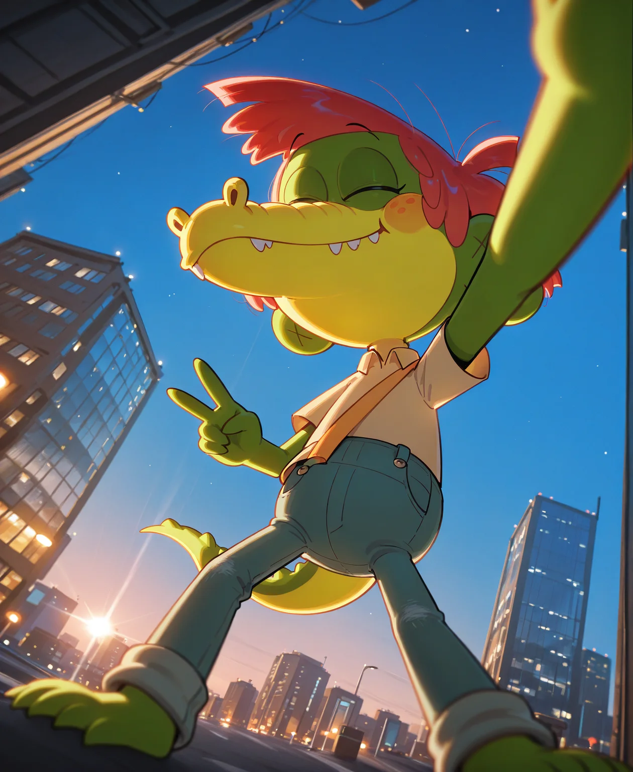 <lora:ArloIllustrious:1> Arlo Beauregard, alligator, red hair, freckles, young, scalie BREAK
selfie portrait, peace gesture, wink, ultra_wide_angle, on NYC, city landscape, soft smile, mouth closed, overalls, yellow shirt, orange strap, BREAK
<lora:spo_sdxl_10ep_4k-data_lora_webui:1> highly detailed, detailed background, absurdres, high resolution, 8K, highres, 4k, 2k, high detail, masterpiece, best quality, amazing quality, very aesthetic, absurdres, newest, scenery, ultra-detailed, newest, scenery, volumetric lightingâââ