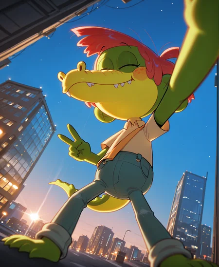 <lora:ArloIllustrious:1> Arlo Beauregard, alligator, red hair, freckles, young, scalie BREAK
selfie portrait, peace gesture, wink, ultra_wide_angle, on NYC, city landscape, soft smile, mouth closed, overalls, yellow shirt, orange strap, BREAK
<lora:spo_sdxl_10ep_4k-data_lora_webui:1> highly detailed, detailed background, absurdres, high resolution, 8K, highres, 4k, 2k, high detail, masterpiece, best quality, amazing quality, very aesthetic, absurdres, newest, scenery, ultra-detailed, newest, scenery, volumetric lightingâââ