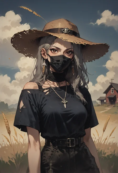 score_9, score_8_up, score_7_up score_9, score_8_up, score_7_up, score_6_up, score_5_up, score_4_up,
<lora:NeonFantasyNocturneV10:1> cult1st,
1girl, solo, long hair, breasts, looking at viewer, shirt, black hair, hat, jewelry, medium breasts, brown eyes, jacket, upper body, grey hair, short sleeves, outdoors, earrings, sky, day, medium hair, belt, cloud, off shoulder, necklace, black jacket, collar, blue sky, black shirt, torn clothes, mask, piercing, blue shirt, grass, ear piercing, brown headwear, mouth mask, straw hat, covered mouth, house, wheat, rice hat