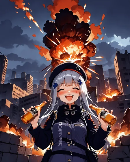 rating_safe, <lora:hk416.pony:1> hk416, def, beret, solo, holding beer bottle, drunk, laughing, heavy blush, <lora:ahebomb_pony:0.8> explosion, cloud, smoke, building, burning city ruins background, explosions and flames everywhere in background, explosions, more explosions, more fire, through the fire and flames by dragonforce,
