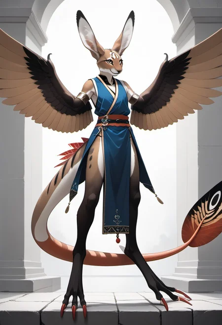 1person, Palagiri, anthro, feline features, feline nose, large ears, ((wings)), ((armless)), perfect wings,
3/4 view, perfect face, ((prehensile toes, long toes)), ((feathers-tipped tail, fanned tail-tip, tapering-tip tail)),
digitigrade legs, pelvic curtain tunic,
Source: anime, score: 9, score: 8up,