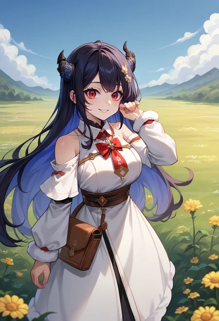score_9, score_8_up, score_7_up, source_anime, 1girl, solo, NerissaRavencroft, colored inner hair, black hair, blue hair, red eyes, slit pupils, uneven horns, long hair, WatameBase, fur-trimmed dress, short dress, red bowtie, detached sleeves, pouch, standing, outdoors, flower field, smile, <lora:ChamNerissaRavencroftPonyXLCame-000008:0.8>, <lora:CHAR-TsunomakiWatamePonyXL:1.0>