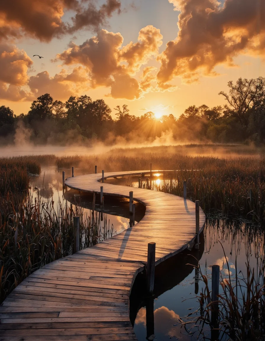 . A serene and peaceful scene featuring a wooden boardwalk winding through a misty pond at sunset. the boardwalk is surrounded by tall reeds and reeds, with the water reflecting the warm, golden hues of the sky. the sky is filled with fluffy, orange clouds, and the sun is partially hidden behind them, casting a golden glow over the scene. the water is calm and still, reflecting the colors of the sunset, creating a sense of tranquility and serenity. on the left side of the image, a few birds are flying, adding to the peaceful atmosphere. the overall mood is one of calmness and tranquility, making it a captivating and tranquil scene.