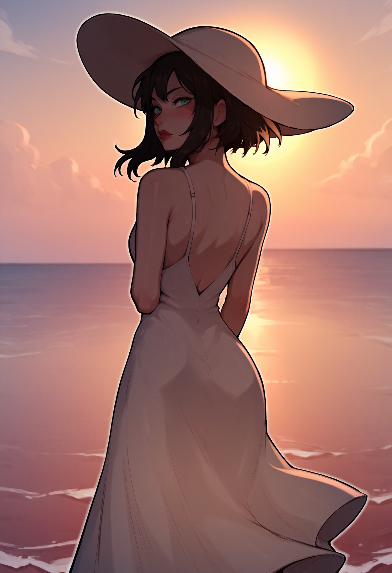 score_9, score_8_up,score_7_up, 1girl, 
red lips, from behind, white dress, looking back, blush, arms behind back, bare shoulders, female focus, looking at viewer, hat, back, dress, sundress, outdoors, sun hat, sky, sunset, ocean, reflective water,
 <lora:frbll_pdxl_EliPot:1>