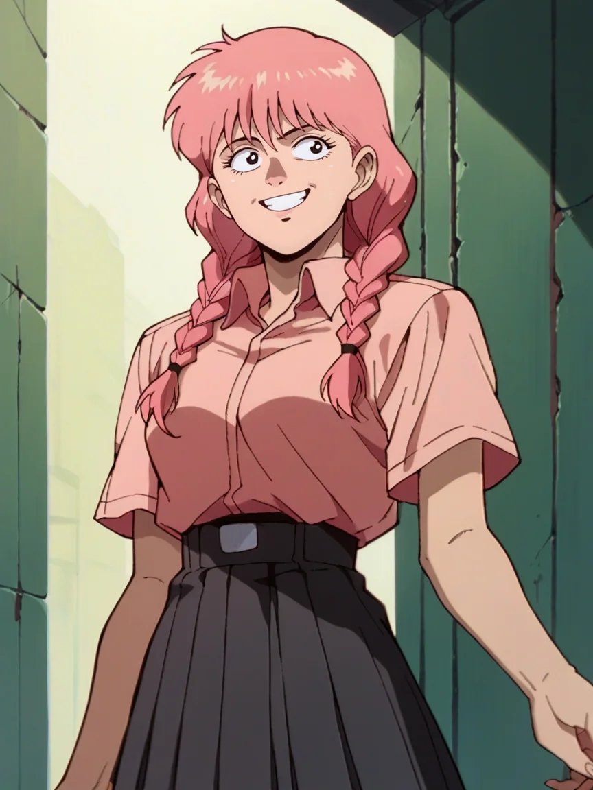 score_9, score_8_up, score_7_up, score_6_up, score_5_up, <lora:akiraXLP:1> akira, retro artstyle, 1girl, long hair, twin braids, pink hair, skirt, collared shirt, smile