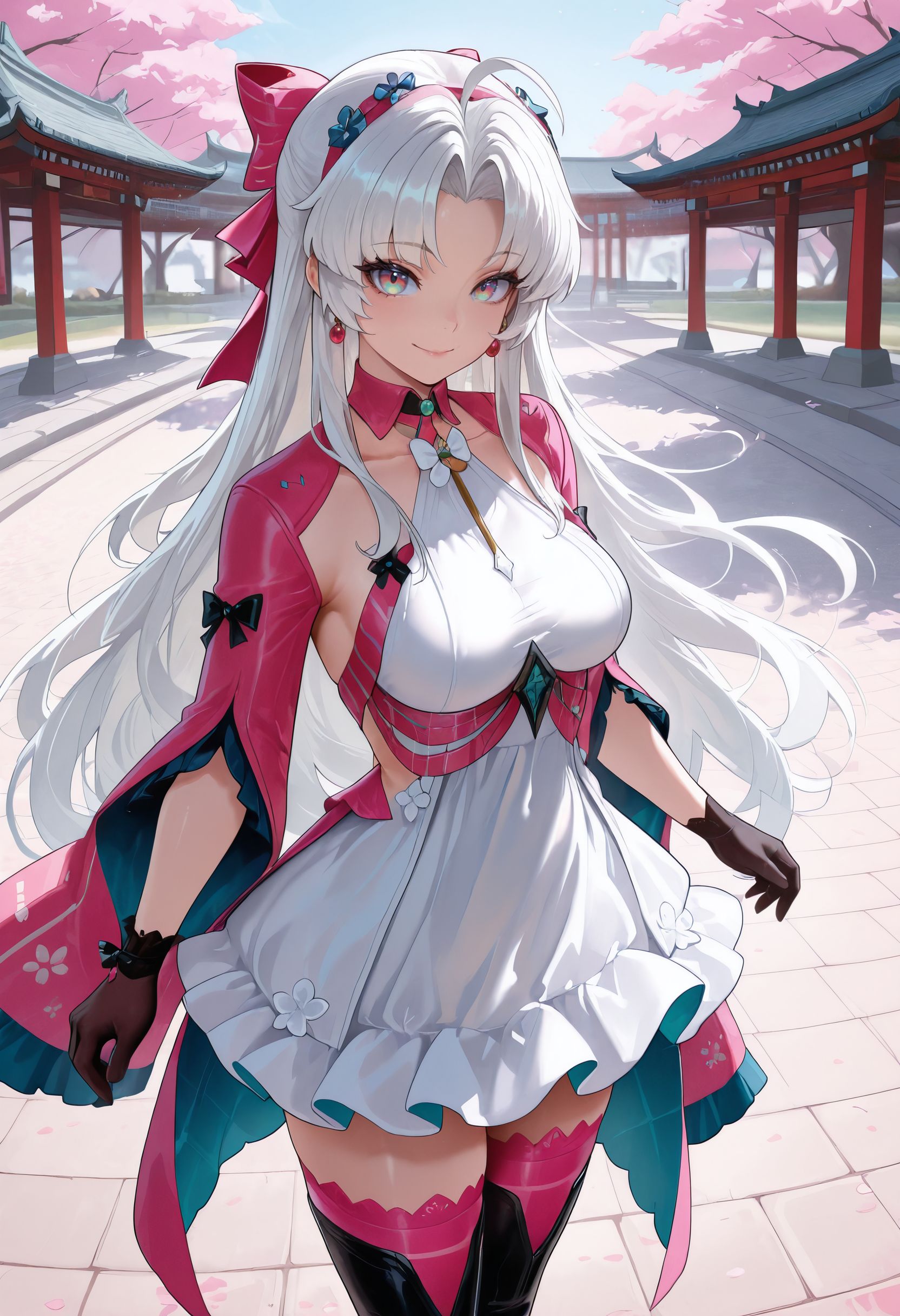 masterpiece,best quality,amazing quality,<lora:carlotta_wuwa_ilxl_goofy:1> carlottaWuwa,  park, cherry blossoms,east asian architecture,   smile, looking at viewer, standing, 1girl, long hair, white dress, parted bangs, white hair, black gloves, ahoge,  jewelry, earrings,  hair bow, thighhighs, medium breasts,  very long hair, multicolored eyes, thigh boots, pink thighhighs, thighhighs under boots