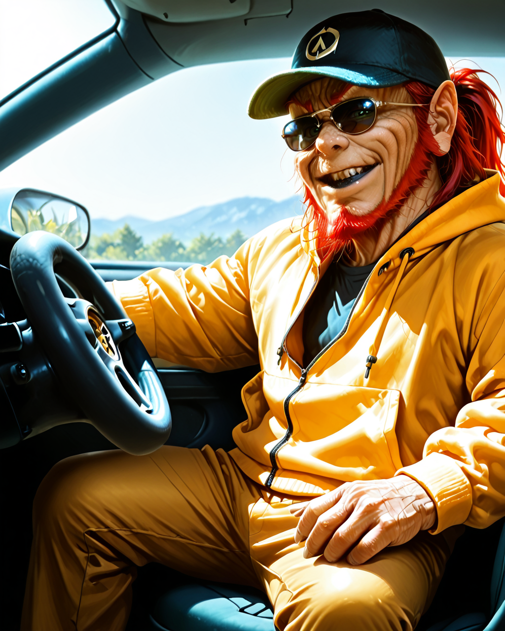 sits behind the wheel of a sports car, <lora:Leprechaun_Illustrious:1>, 1eprehau1_n, solo,boy  wrinkled skin, gnome, (gold hoodie:1.3), gold baseball cap, (sunglasses:1.3), gold pants, gold shoes, black teeth, black lips, long hair (ponytail), red hair, beard, green eyes, no human, realistic, sunny weather, male, angry smile, smug, <lora:hand 4:1>,
