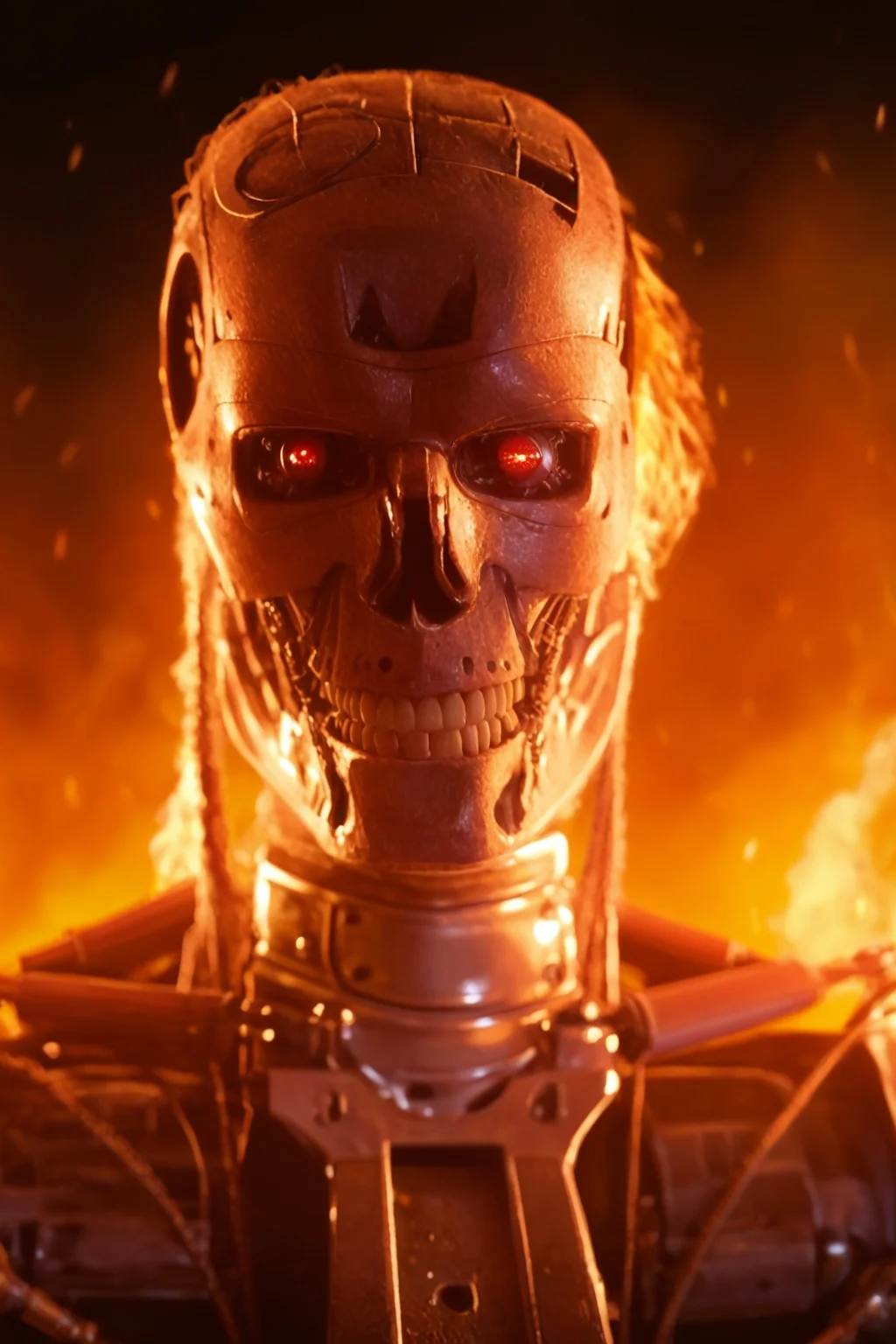 T800_Endo, Terminator robot, score_9, score_8_up, score_7_up, (source_IRL, source_movie), cinematic, realistic, masterpiece, high quality, highres RAW photo, ((close-up shot, close-up head shot, front view))
a T800_Endo Terminator Robot with red eyes, he is made of metal, he is made of shiny chrome metal, new, clean, <lora:T800_Endo_Terminator_Pony-000010:1>
(standing in flames)
black background, in flames, fire, flames and fire everywhere, there is so much fire
dynamic lighting, highly detailed, intricate details
