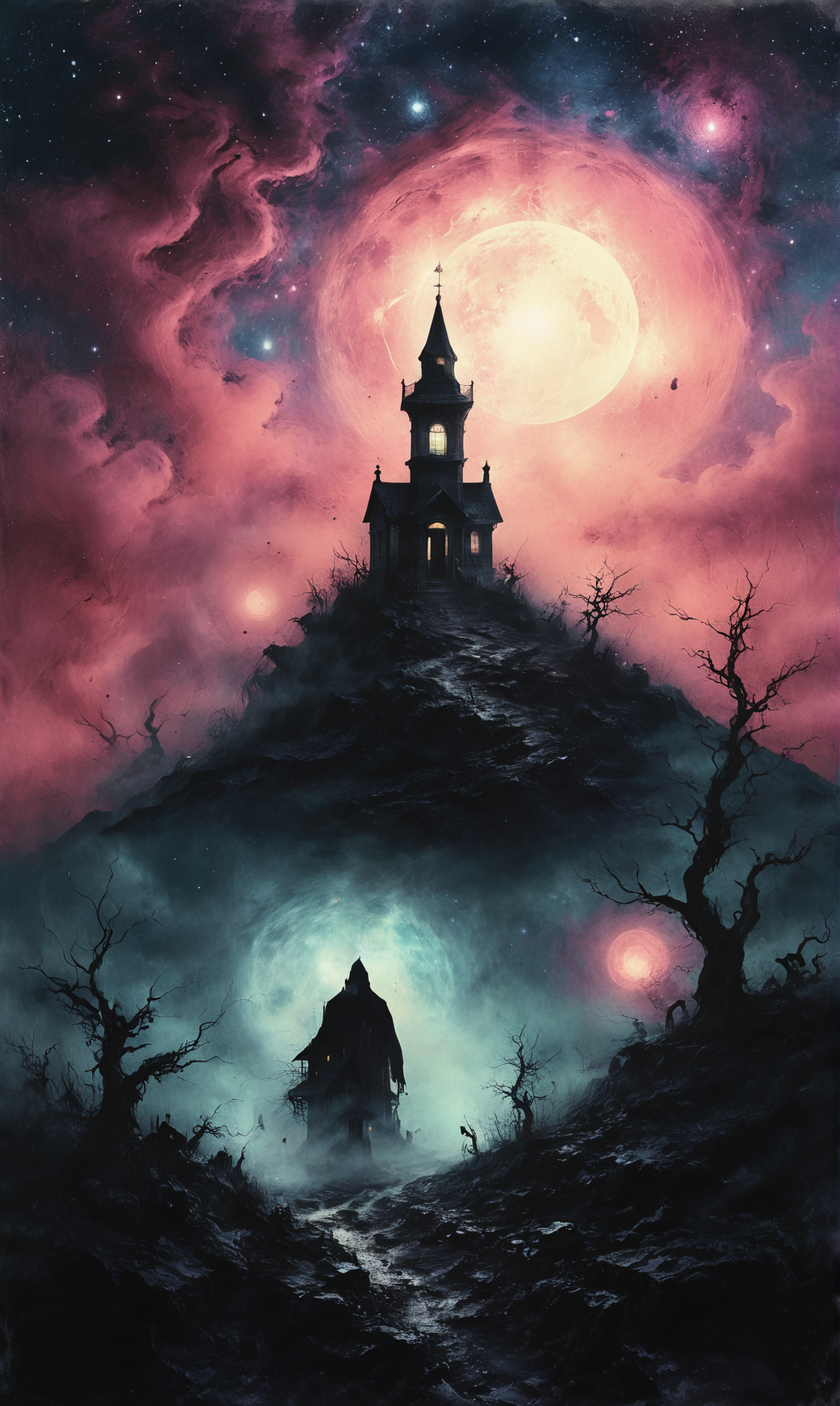 a Illusionary phantom haunting gaslit streets at a Celestial observatory atop mountain peak, ultra-fine digital painting, <lora:xl_more_art-full_v1:0.3>,   <lora:Desolation:0.7>, <lora:EnvyFeverDreamXL01a:0.7> <lora:gildedvictoriansxl_v1:0.4> victorianstyle