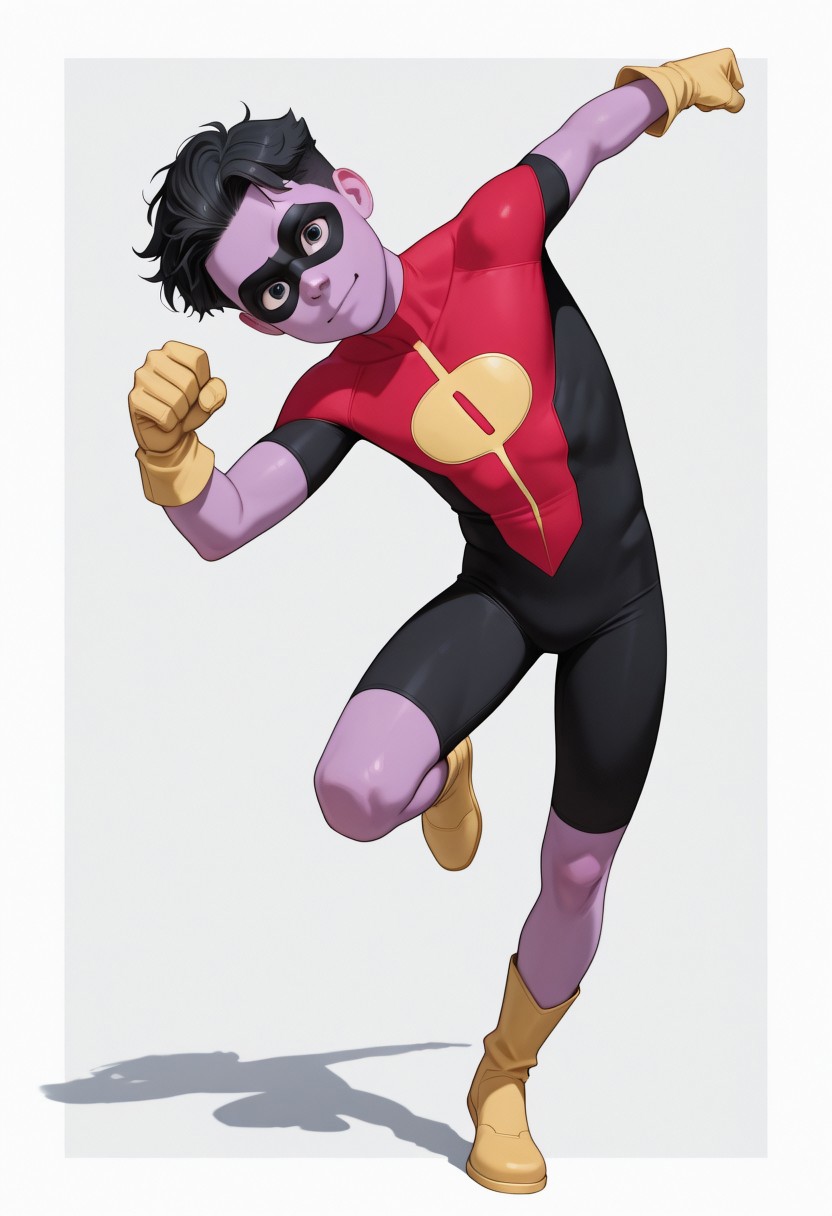 1boy, male focus, cute boy, rOliver_Grayson, Purple Skin, Colored Skin, Black Hair, Black Eyes, Domino Mask, Superhero Costume, Yellow Gloves, Yellow Boots, levitating, simple background, graphic border, cinematic, intricately detailed illustration, depth of field, masterpiece, best quality, amazing quality, very aesthetic, absurdres, newest, very awa, shadow, dynamic angle, casual cosplay, dynamic pose, action pose