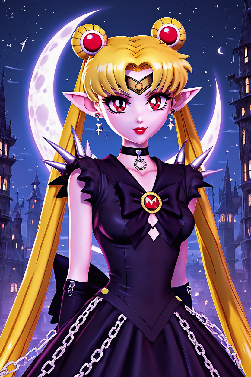 score_9, score_8_up, score_8, medium breasts, (curvy), cute, eyelashes,       BREAK, ,  ,,, <lora:CruelMoon_PDXL:0.8>, zzCruelMoon, long hair, twintails, tsukino usagi, blonde hair, jewelry, hair bun, double bun, sailor moon, very long hair, choker, chain, spikes, gothic, parted bangs, red eyes,  earrings, dress, makeup, holding, necklace, lipstick, black dress, pointy ears, night, ,,, , BREAK, smile, looking at viewer, cowboy shot, ,,, embedding:zPDXL, Expressiveh, ,,, <lora:Zy0n7_PDXL:0.8>, <lora:SDXLFaeTastic2400:0.5>, <lora:Expressive_H-000001:0.4>,